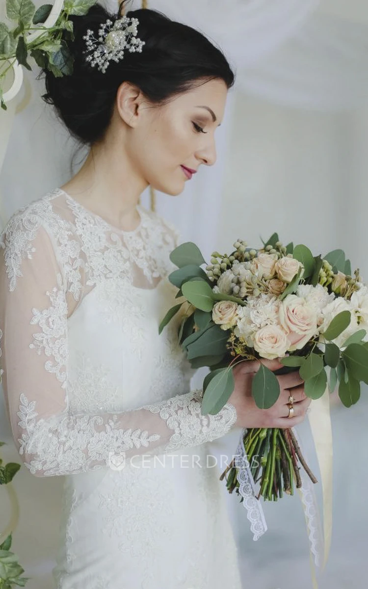 Illusion Lace Appliqued Back Split Sheath Ankle-length Wedding Dress