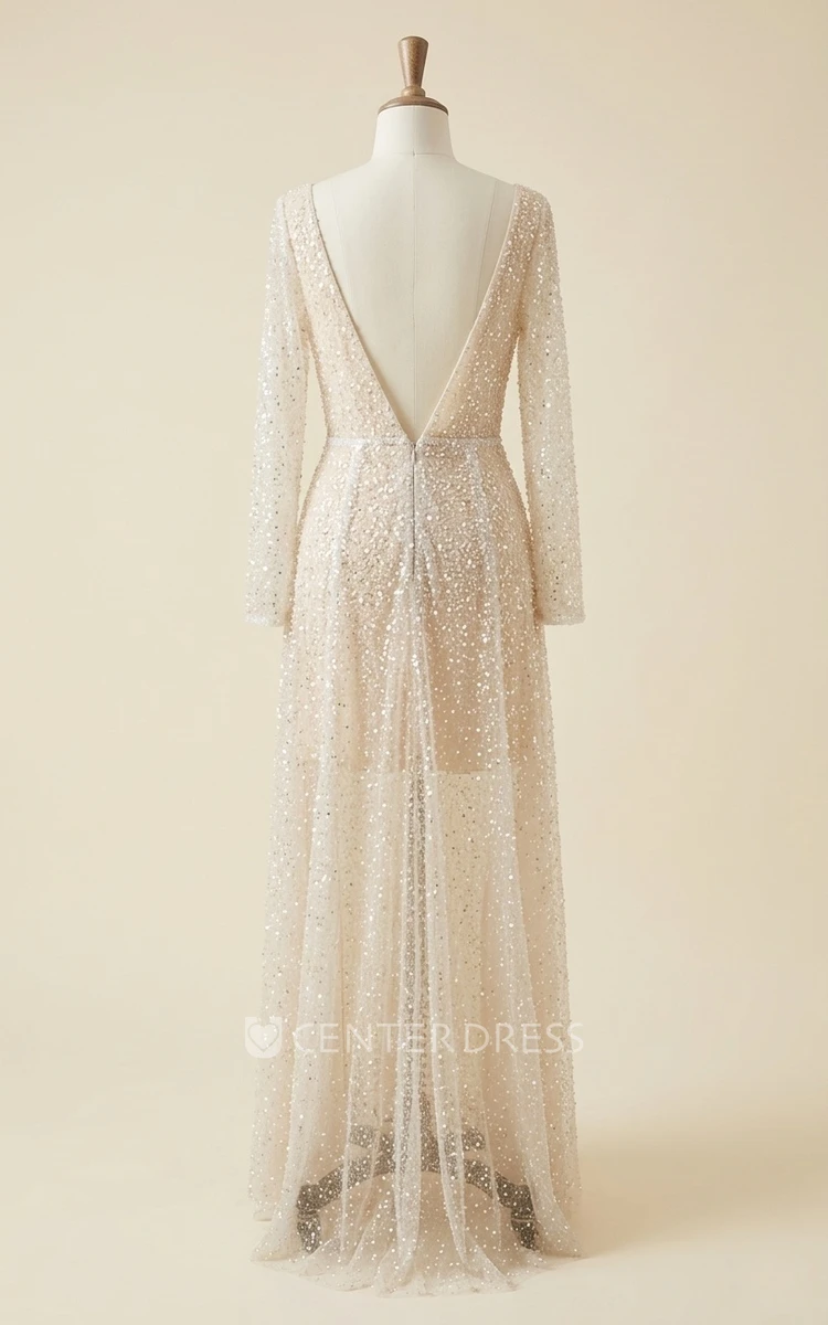 Sparkly Beach A-Line Floor Length Wedding Dress Casual Long Sleeve V-Neck Spring Bridal Gown