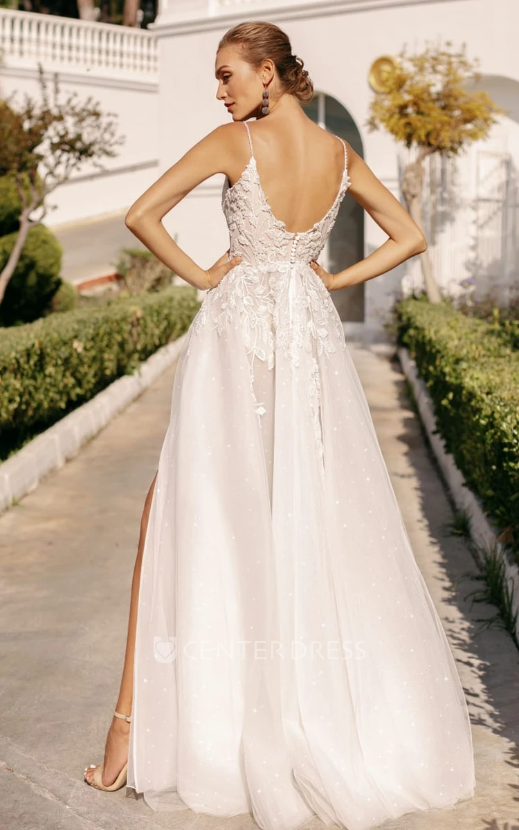 Simple Spaghetti A Line Lace Wedding Dress With Split Front And Open Back