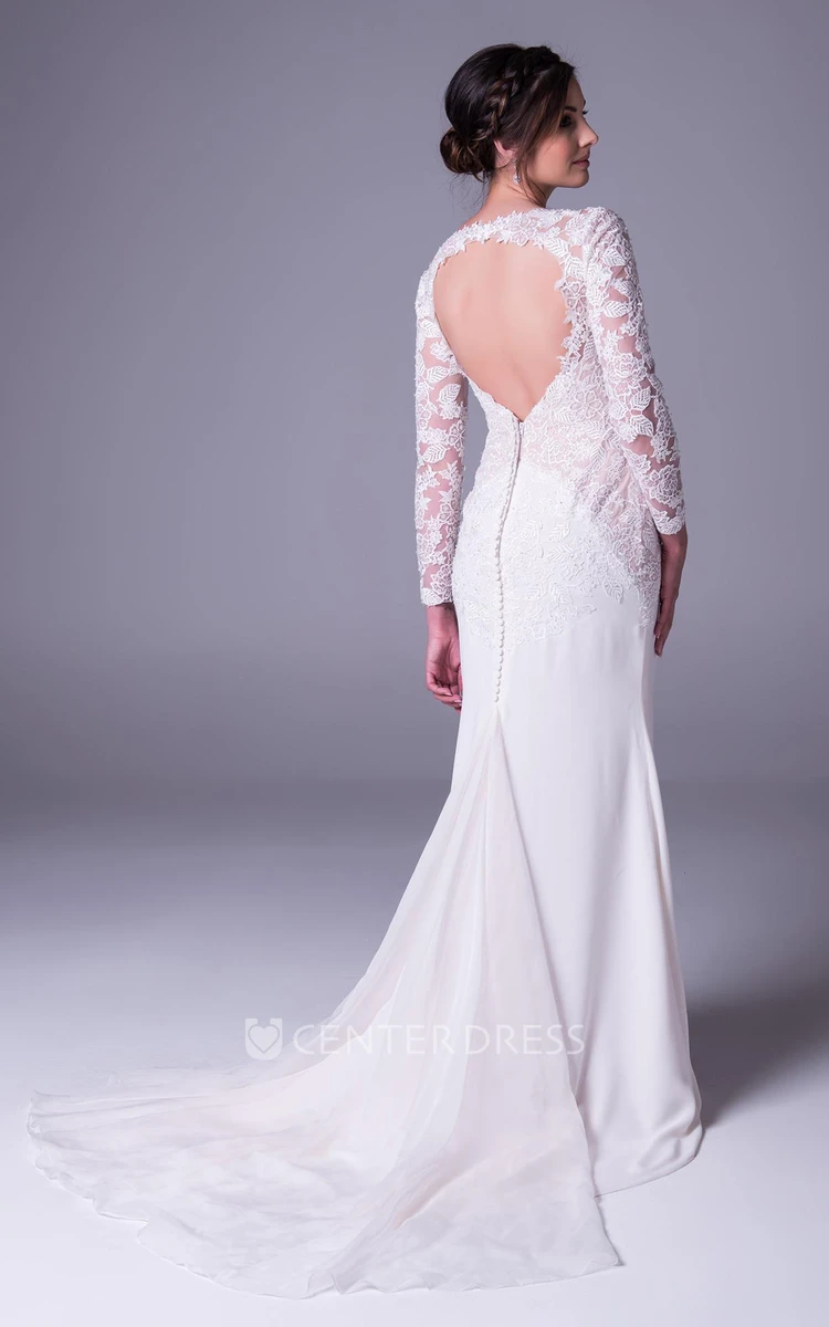 Sheath V-Neck Long-Sleeve Lace&Chiffon Wedding Dress With Keyhole