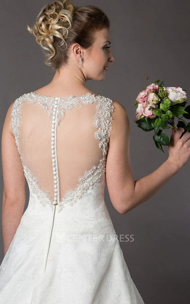 Jewel Neckline A-Line Lace Bridal Gown With Pearls