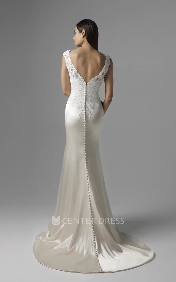 Sheath V-Neck Sleeveless Satin Wedding Dress
