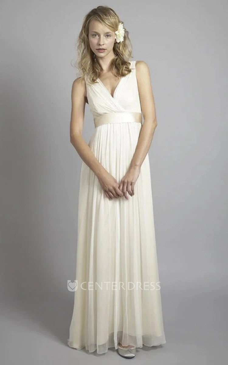 Criss Cross Empire Plunging Chiffon Sleeveless Low V-back Wedding Gown
