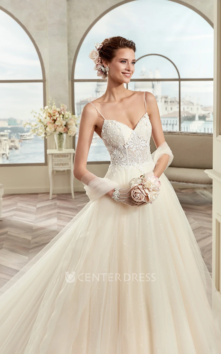A-line Wedding Dress With Lace Bodice And Spaghetti Straps