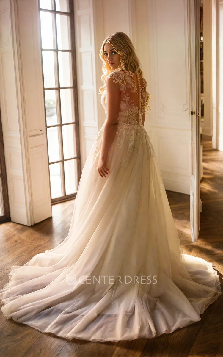 Plus Size A-Line Tulle Lace Applique Adorable Sweep Train Wedding Dress