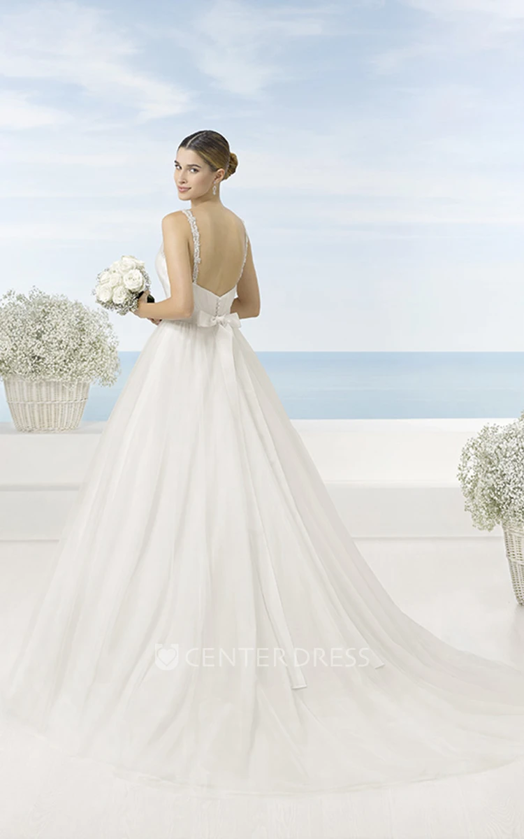 A-Line Beaded Sleeveless Long V-Neck Tulle Wedding Dress With Bow And Low-V Back