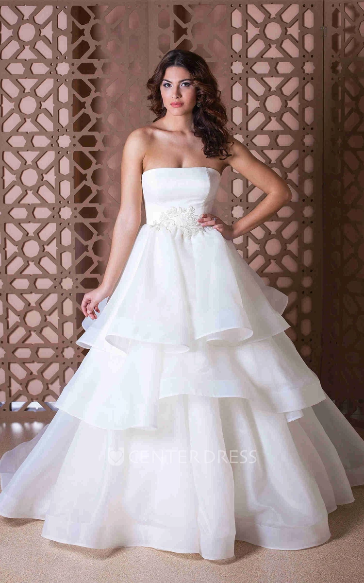 A-Line Strapless Sleeveless Floor-Length Beaded Organza Wedding Dress With Tiers
