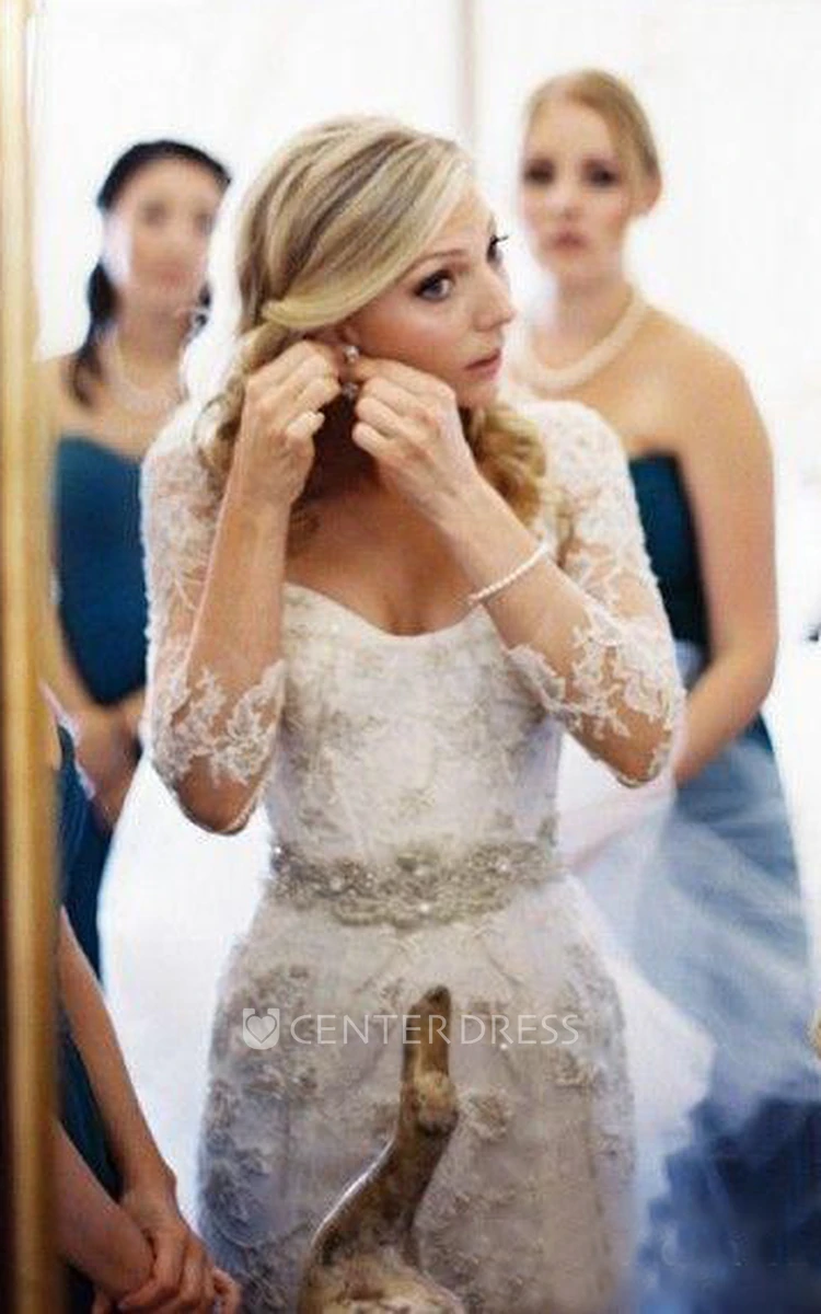 A Line V-neck Lace Tulle Open Back Wedding Dress
