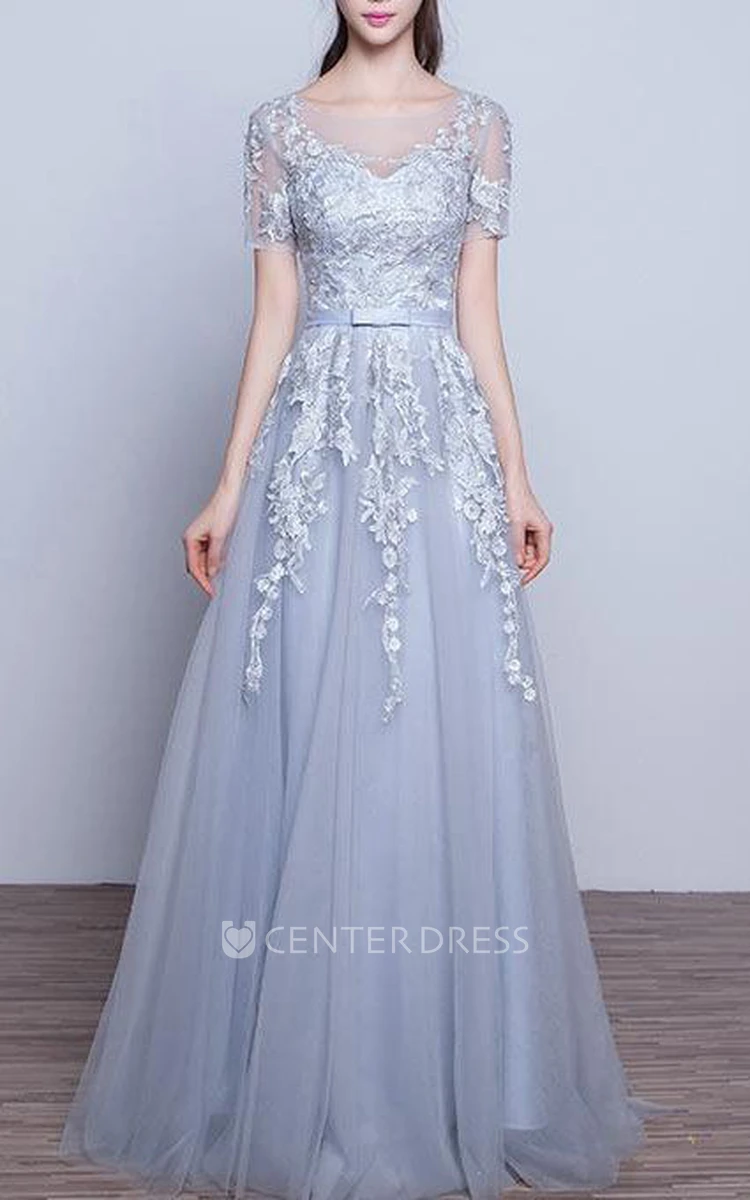 Short Sleeve A-line Long Tulle Dress with Appliques