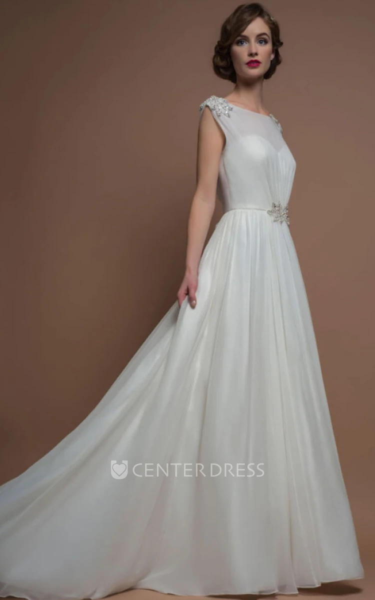 A-Line Sleeveless Floor-Length Bateau Epaulet Chiffon Wedding Dress With Waist Jewellery And Deep-V Back