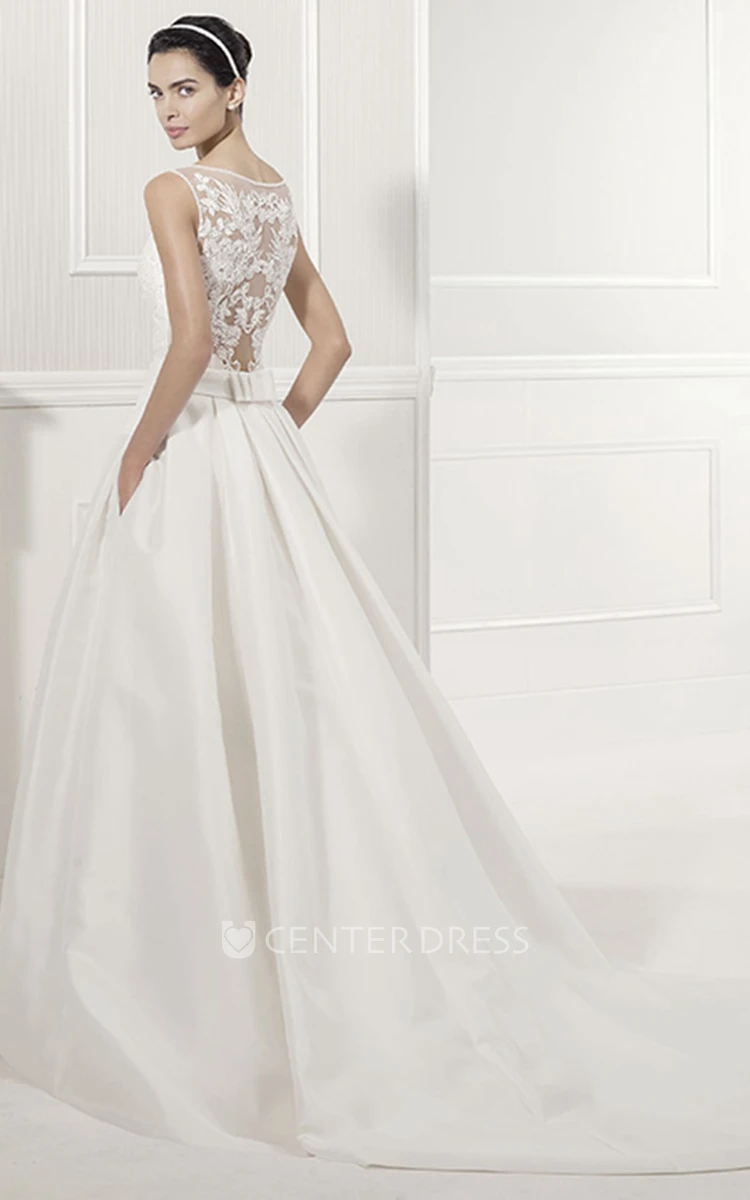 Jewel Neck Sleeveless Taffeta Bridal Gown With Lace Top And Bows