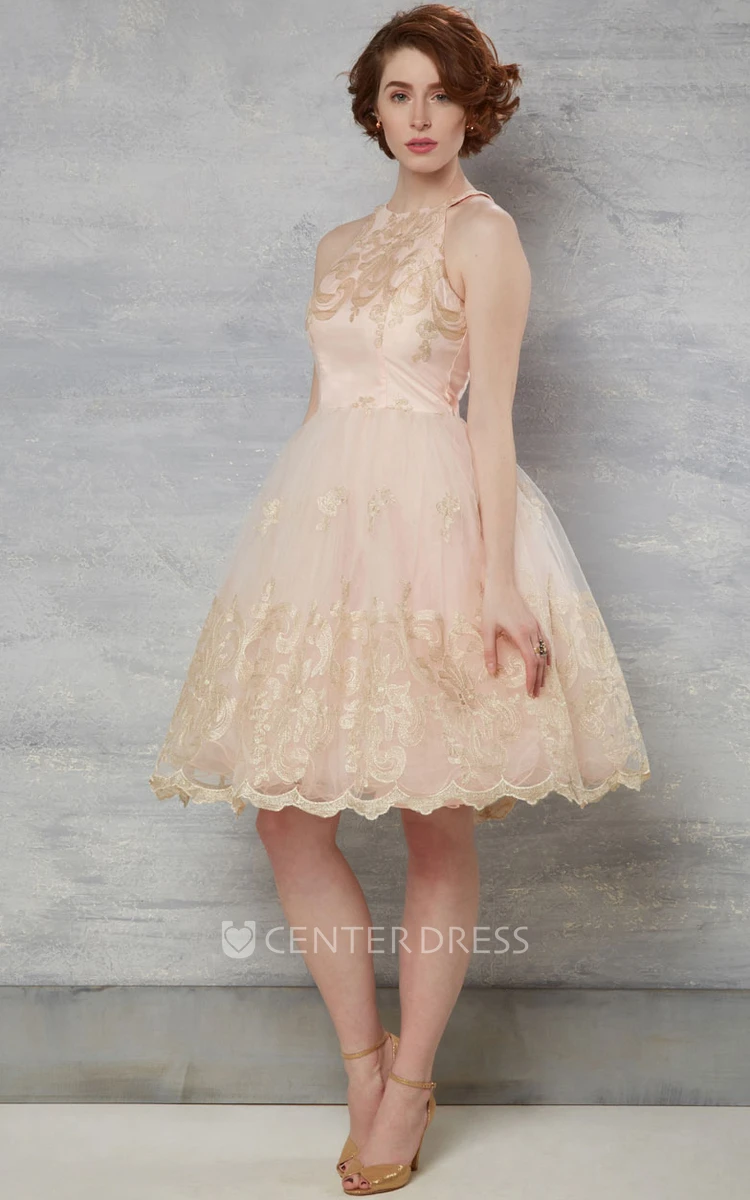 A-Line Knee-Length Sleeveless High Neck Tulle Wedding Dress With Appliques