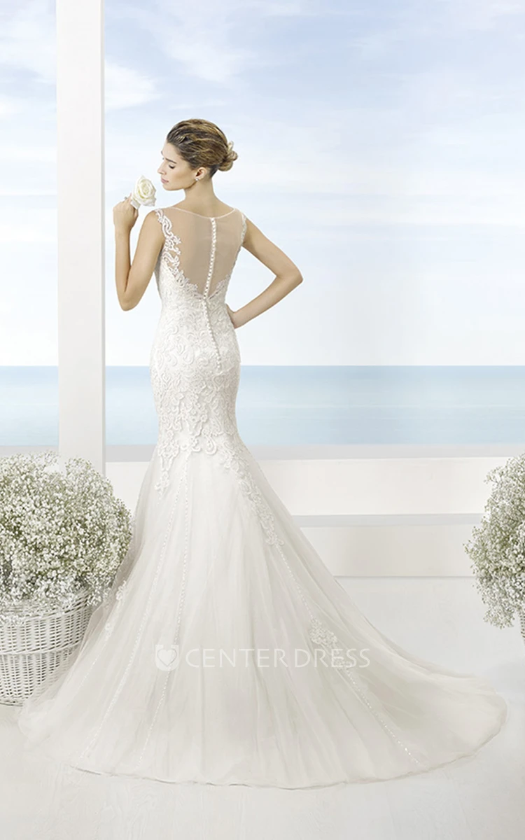 Trumpet Bateau Long Sleeveless Appliqued Lace Wedding Dress With Court Train And Illusion Back
