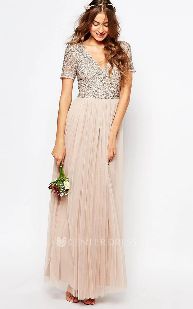 Ankle-Length V-Neck Sequined Short Sleeve Tulle Bridesmaid Dress With Pleats