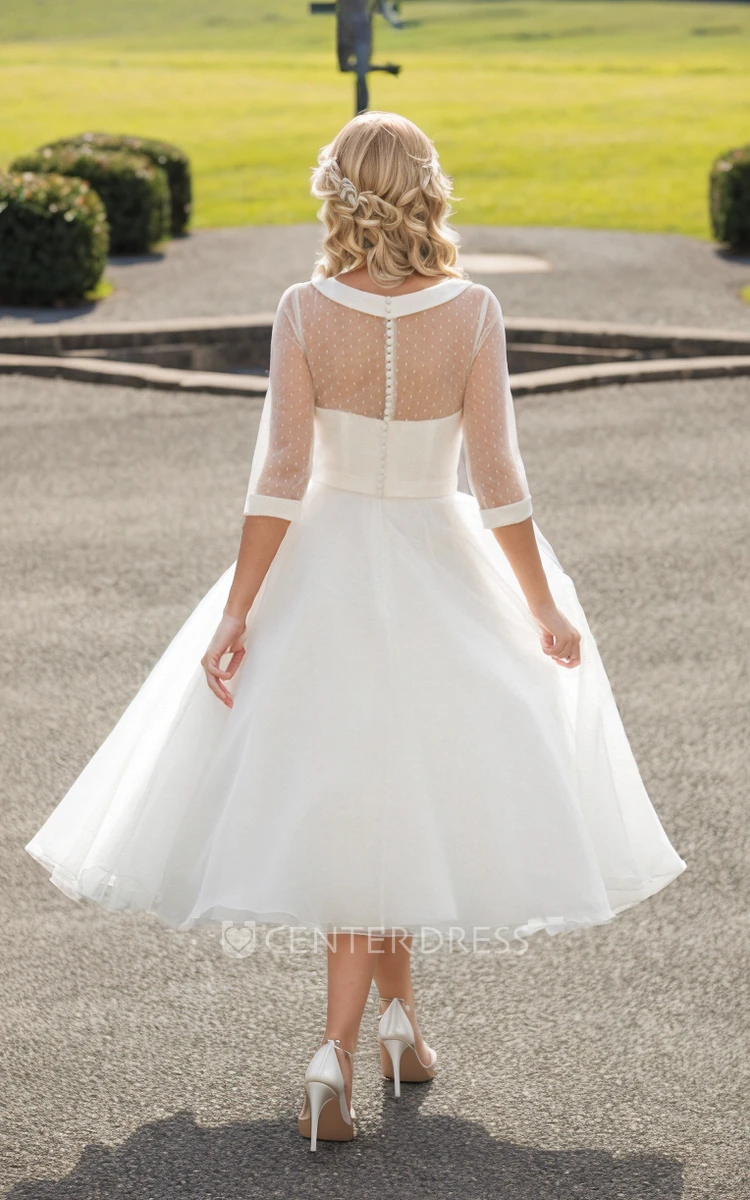 A-Line Tea-Length Bateau Neck Illusion Sleeve Bowed Tulle Wedding Dress