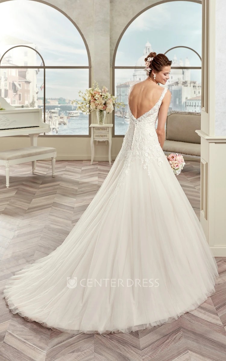 V-Neck Cap-Sleeve A-Line Bridal Gown With Open Back And Brush Train