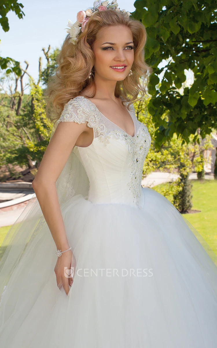 Ball Gown V-Neck Ruched Cap Sleeve Tulle Wedding Dress