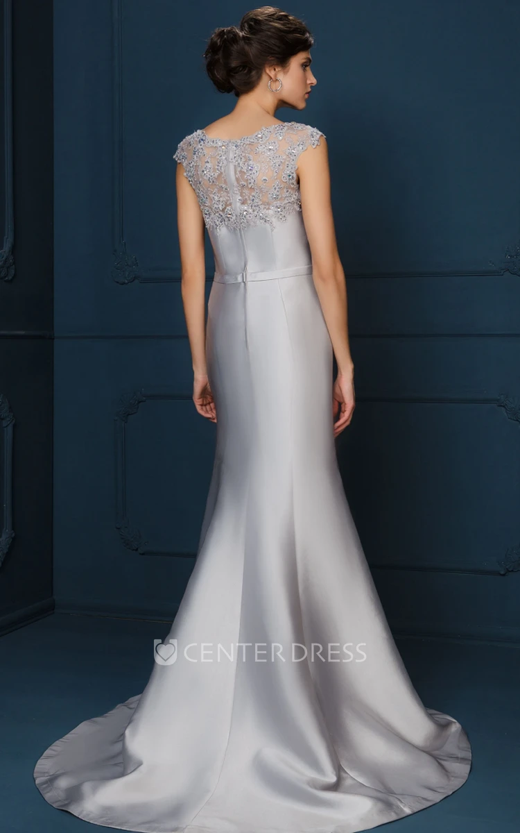 Maxi A-Line Jewel Neck Appliqued Cap Sleeve Satin Mother Of The Bride Dress