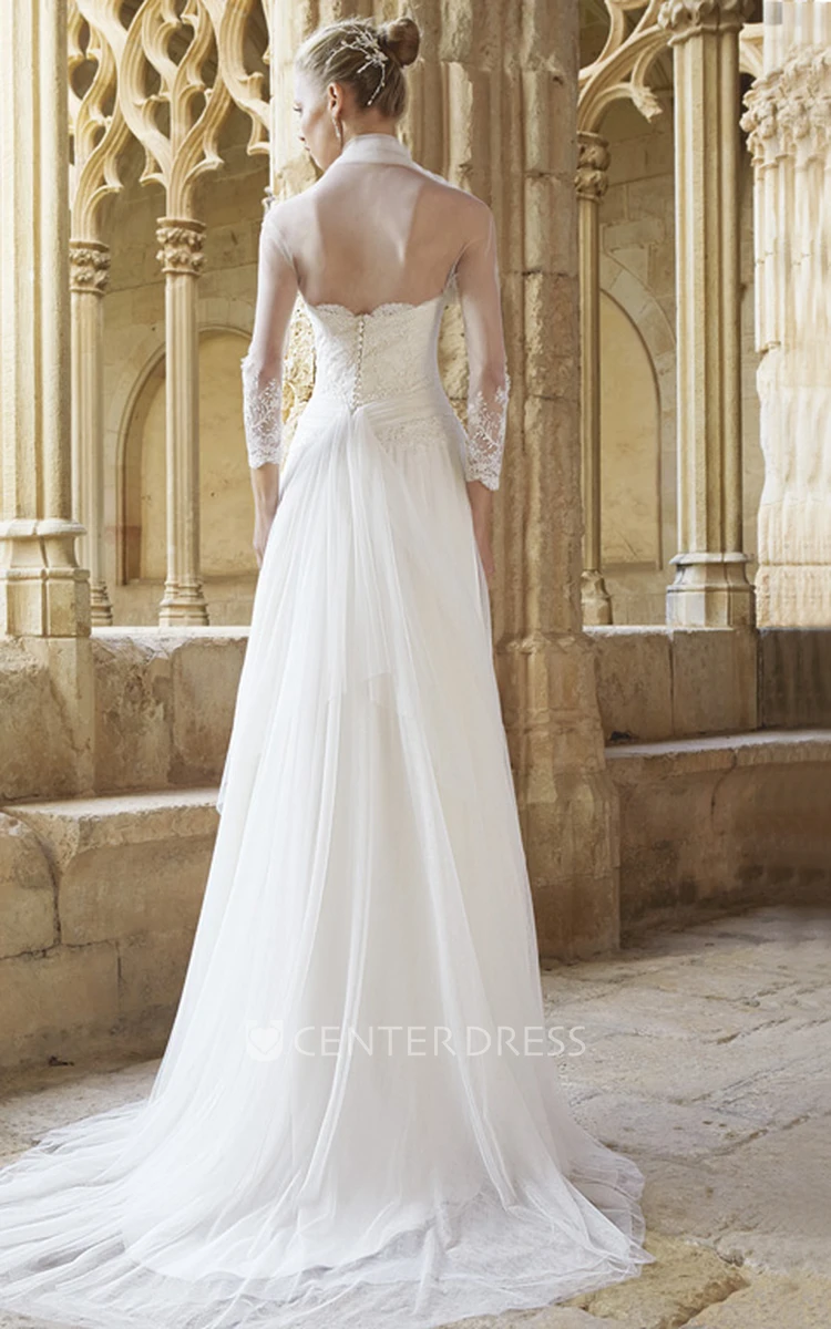 Sheath Strapless Long-Sleeve Pleated Chiffon Wedding Dress With Cape
