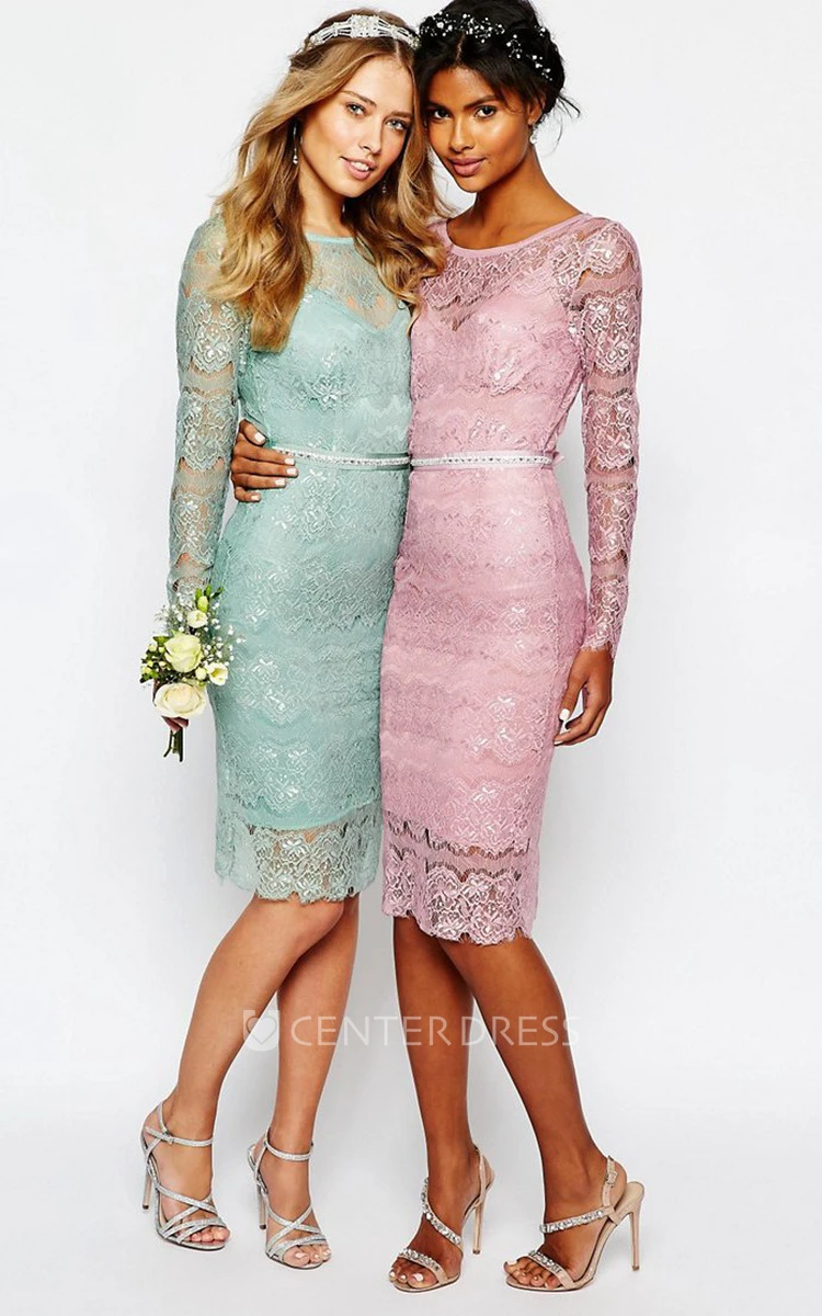Knee-Length Scoop Neck Long Sleeve Beaded Lace Bridesmaid Dress