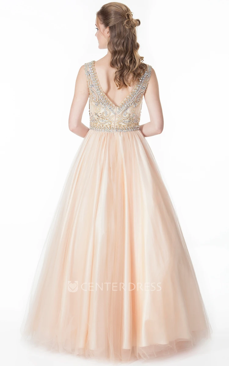 A-Line Floor-Length Scoop-Neck Beaded Sleeveless Tulle&Satin Prom Dress With Pleats