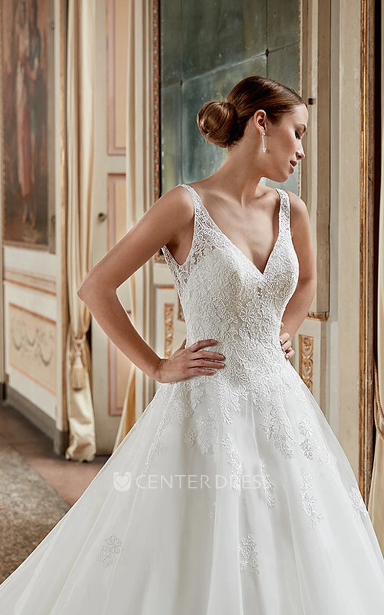 A-Line Appliqued Sleeveless V-Neck Floor-Length Tulle Wedding Dress With Ruffles
