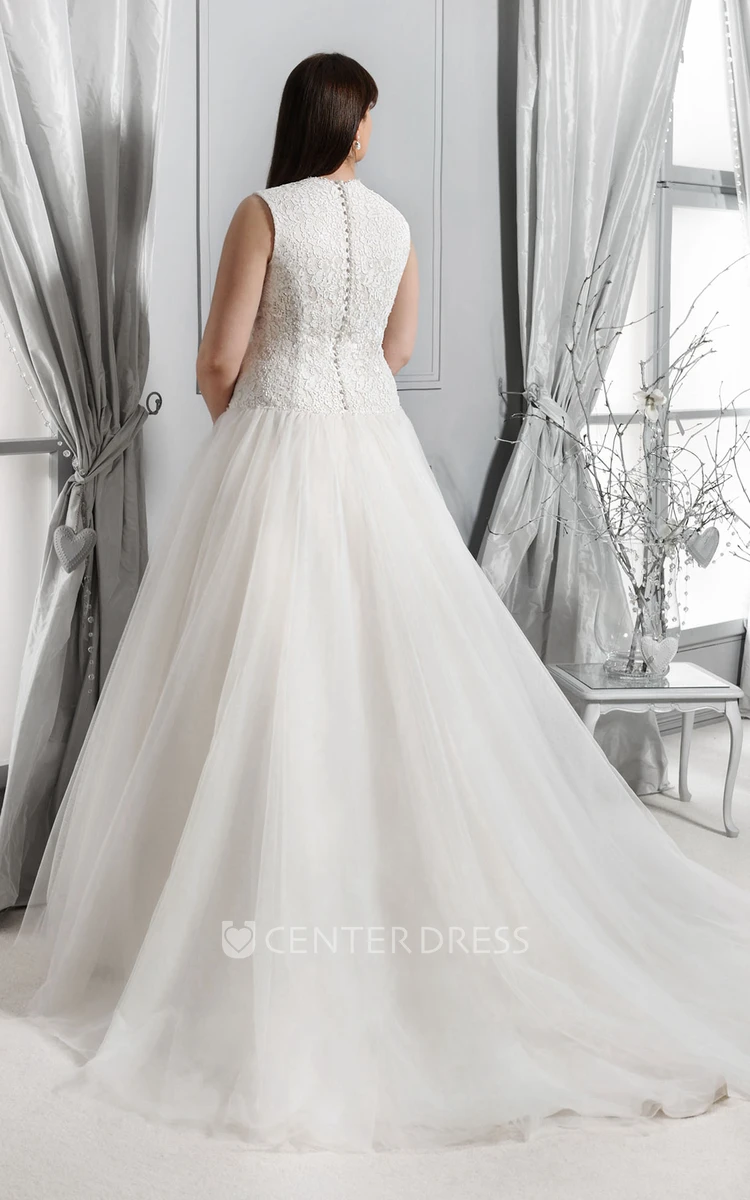Strapped Pleated Ball Gown With Lace Bodice
