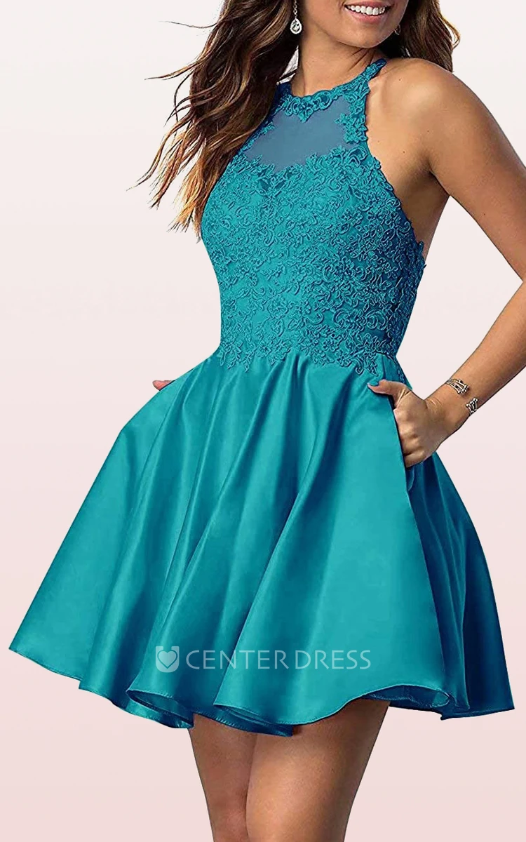 Sexy A Line Satin Lace Jewel Sleeveless Homecoming Dress with Appliques