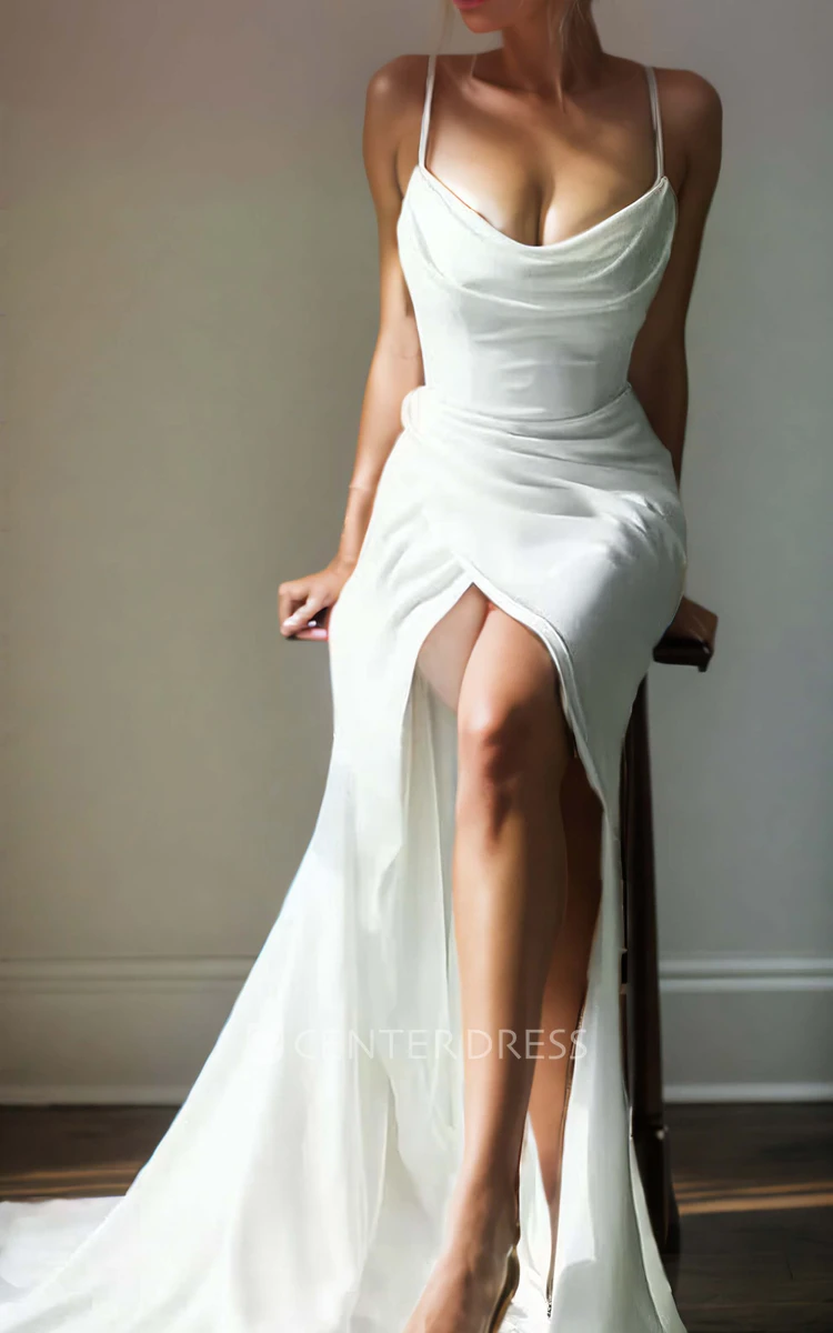 Mermaid Beach Floor-length Spaghetti Straps Simple Sexy Solid Ruched Sleeveless Wedding Dress with Button Zipper Deep-V Back Split Front