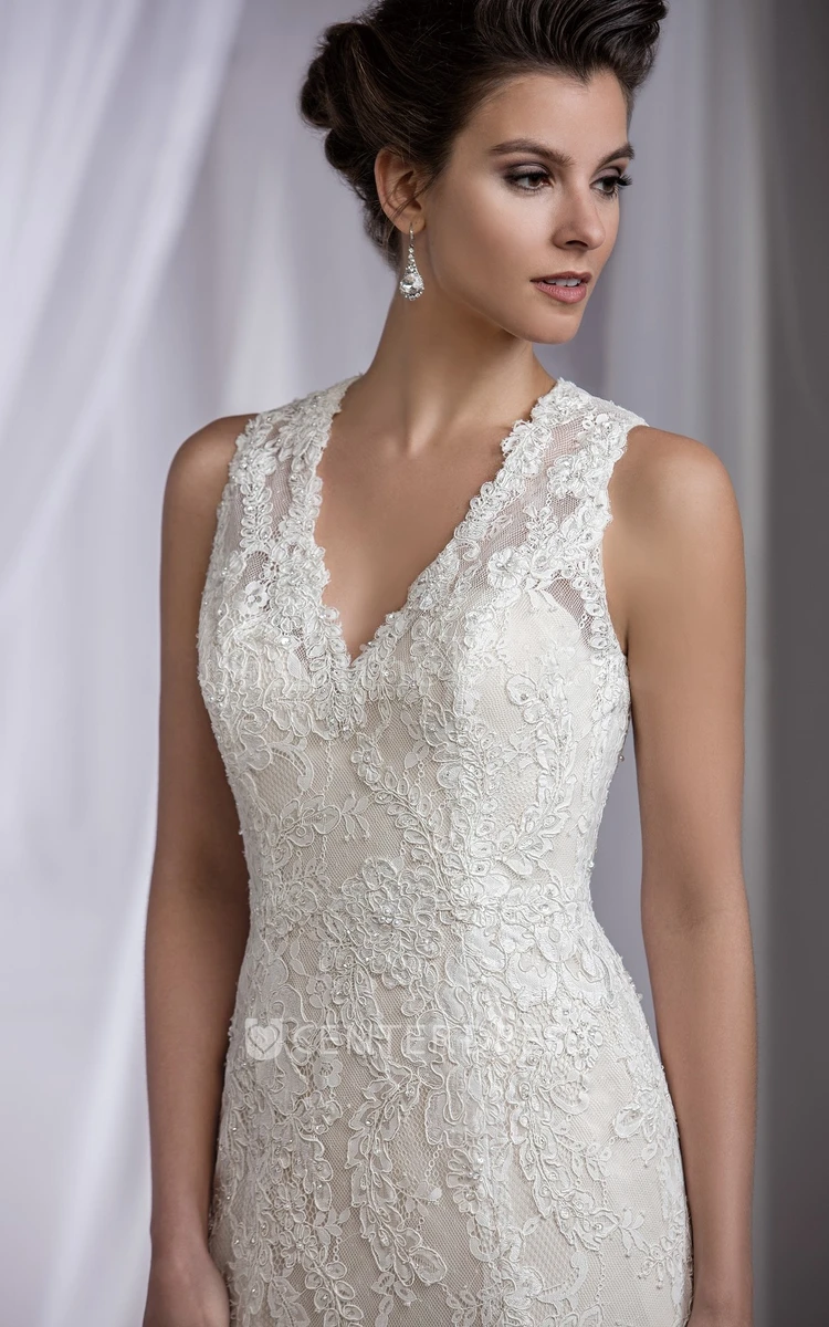Sleeveless V-Neck Long Wedding Dress With Appliques And Beadings