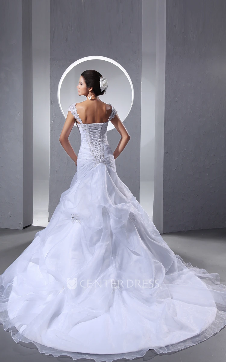 A Line Straps Organza Wedding Dress With Ruffles And Crystal Detailing