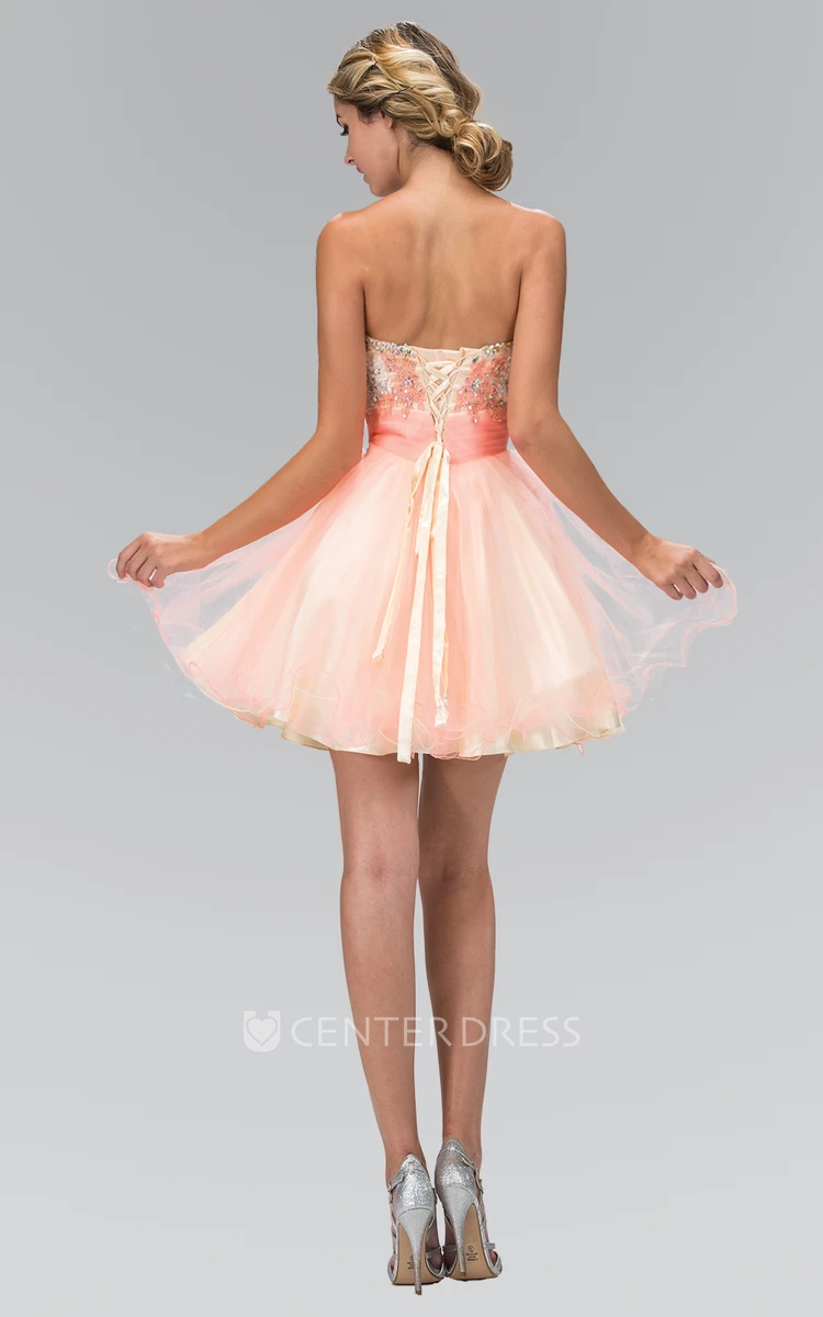 Muti-Color A-Line Short Sweetheart Tulle Satin Lace-Up Dress With Appliques And Beading
