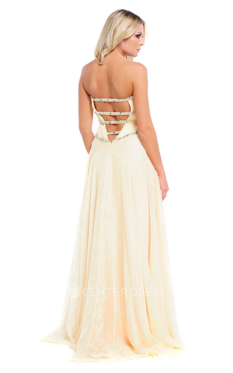 A-Line Floor-Length Sweetheart Sleeveless Beaded Tulle&Satin Prom Dress With Ruching