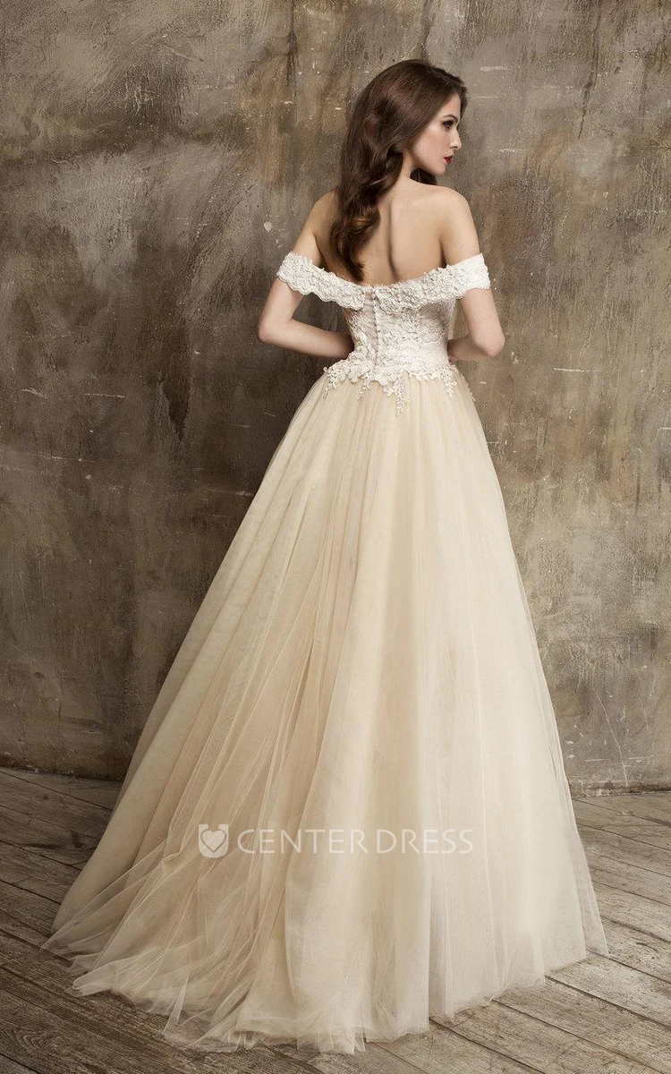 Unique Off-Shoulder A-Line Tulle Wedding Dress With Lace Bodice