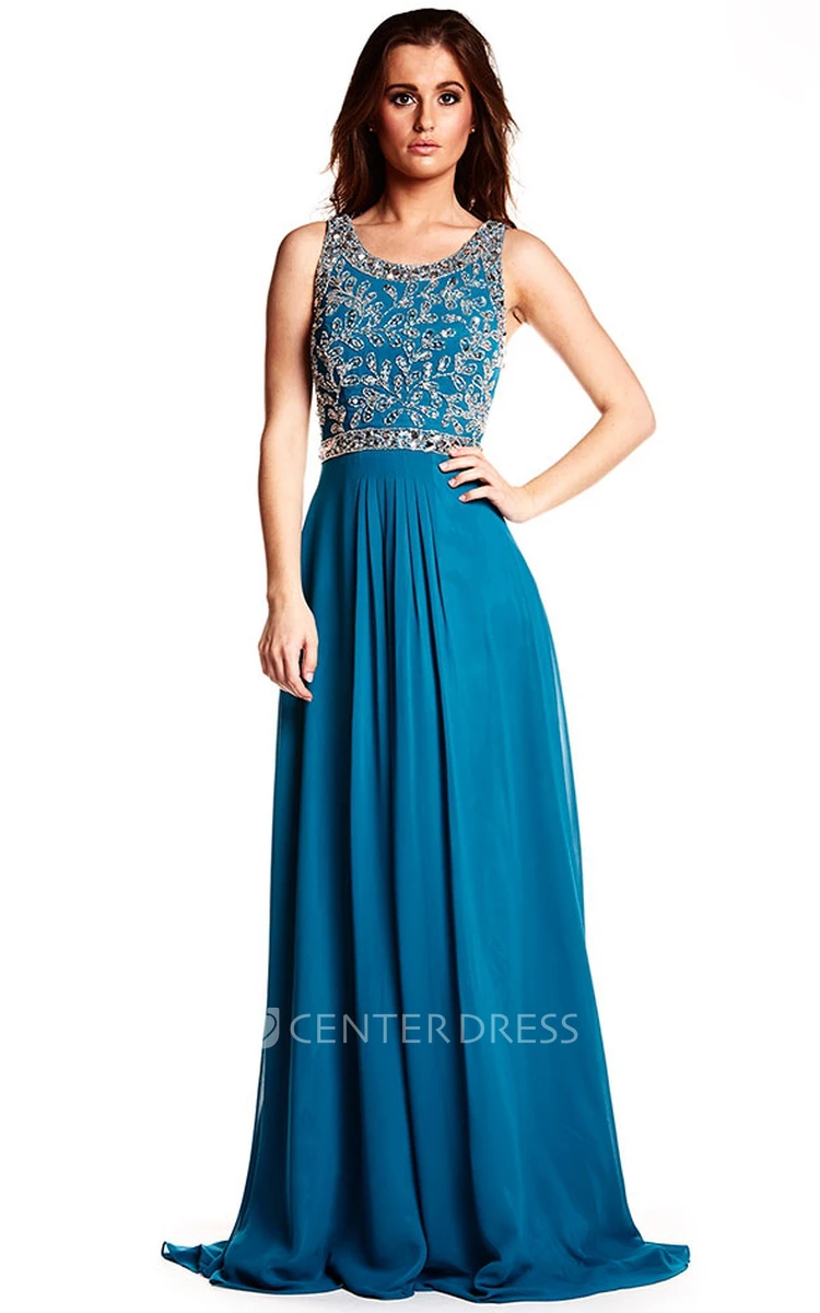 A-Line Sleeveless Beaded Scoop Long Chiffon Prom Dress With Zipper Back And Brush Train