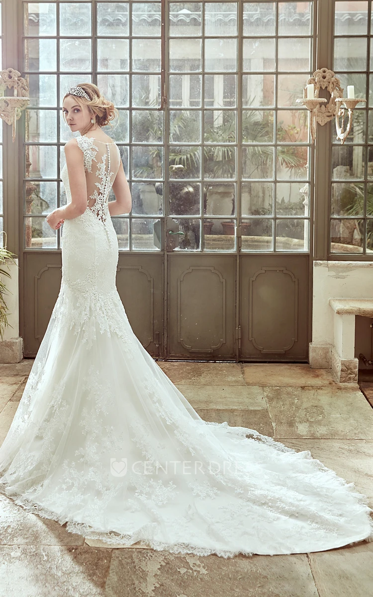 Strap-Neck Lace Wedding Dress With Illusive Back and Chapel Train