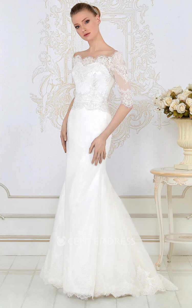 Sheath Floor-Length Appliqued Bateau-Neck Half-Sleeve Lace&Satin Wedding Dress