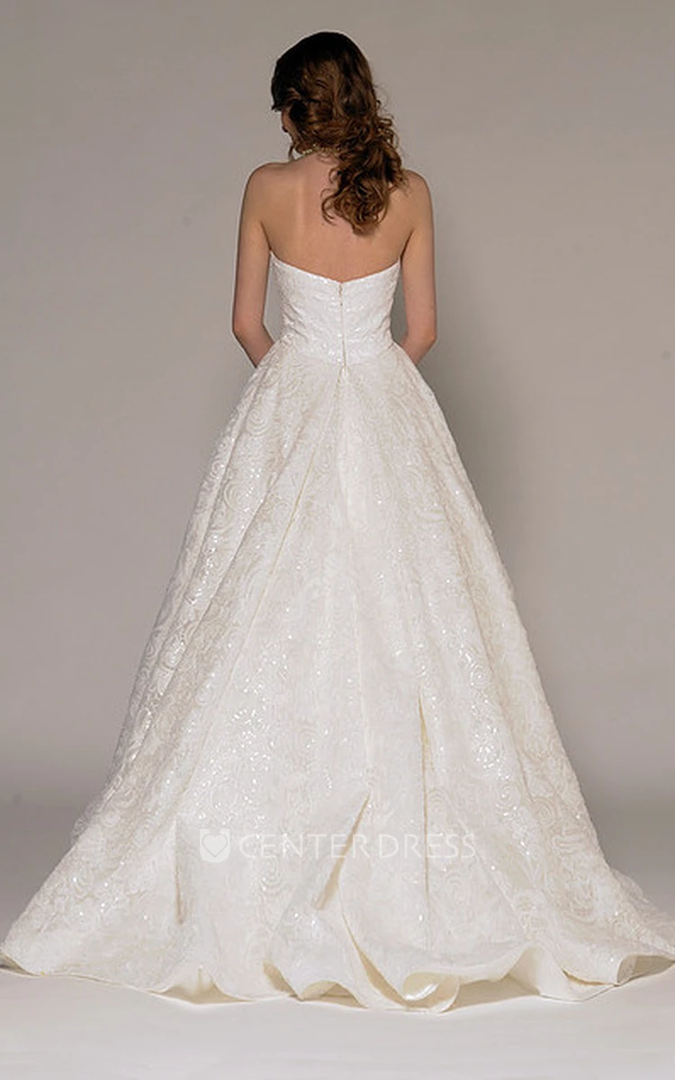 High-Low Strapless Beaded Lace Wedding Dress With V Back