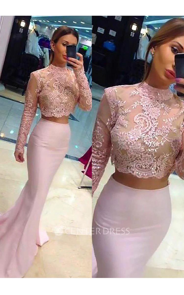 Illusion Long Sleeve Sweep Brush Train Mermaid Trumpet Two Piece High Neck Satin Lace Dress