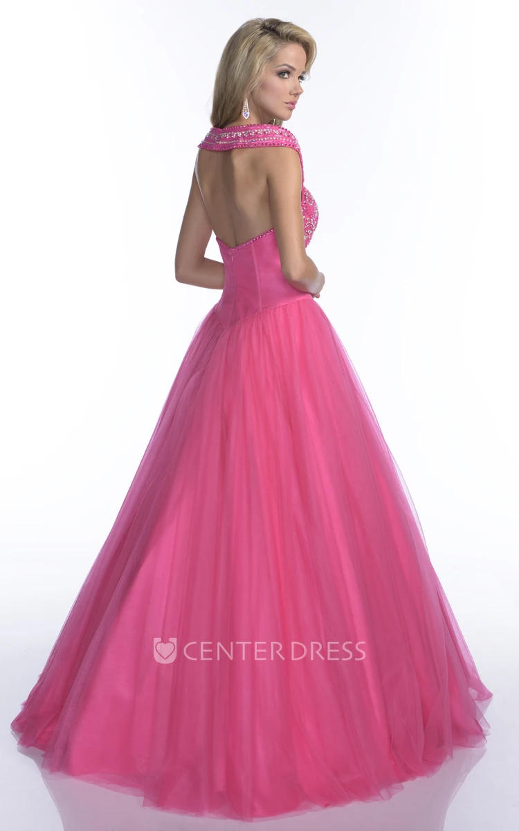 Cap Sleeve Tulle A-Line Quinceanera Dress With Crystal Top