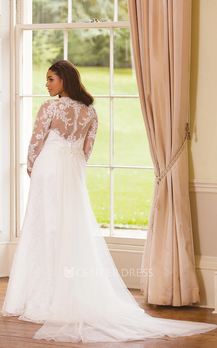 Long-Sleeve Floor-Length V-Neck Lace Plus Size Wedding Dress With Appliques And Illusion