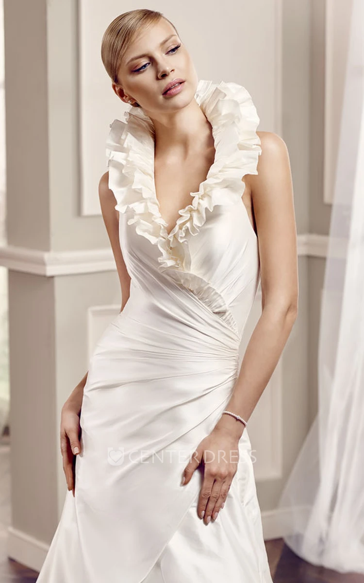 A-Line V-Neck Sleeveless Floor-Length Ruffled Satin Wedding Dress With Backless Style And Side Draping