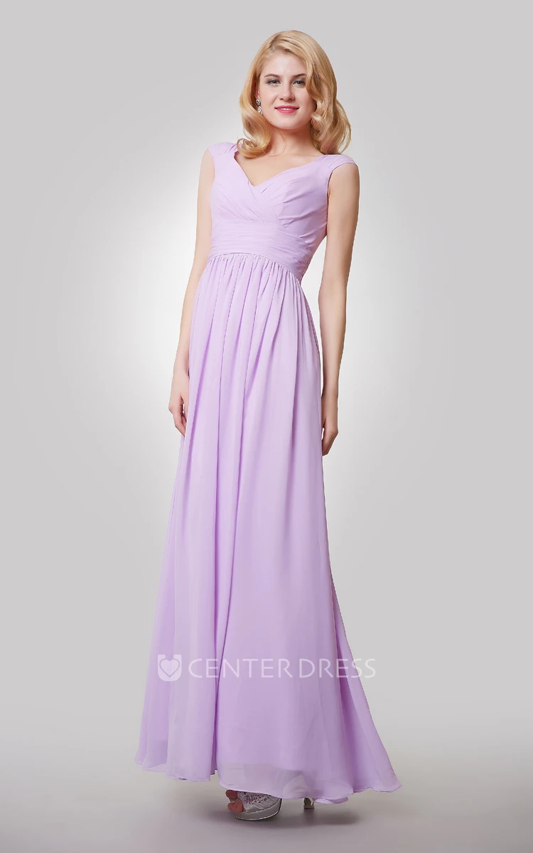 Cap-Sleeved V-Neck Pleated Chiffon Dress With Ruching and Back Bow