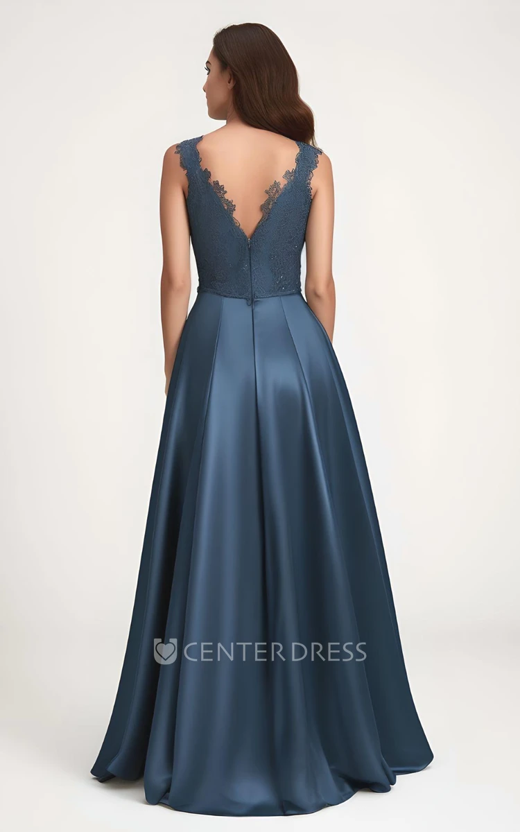 A-Line Bateau Neck Satin Lace Sleeveless Prom Dress Elegant & Unique Dress