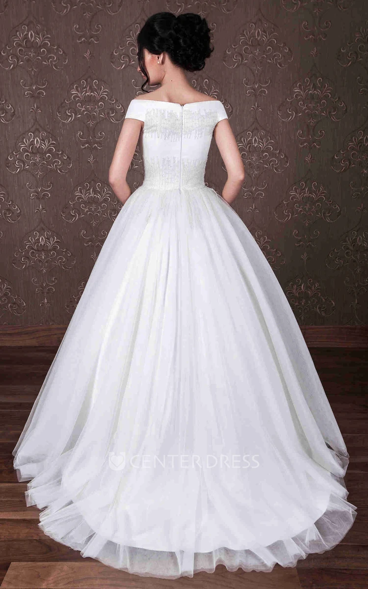 Ball Gown Off-The-Shoulder Long Tulle Wedding Dress With Beading And Zipper