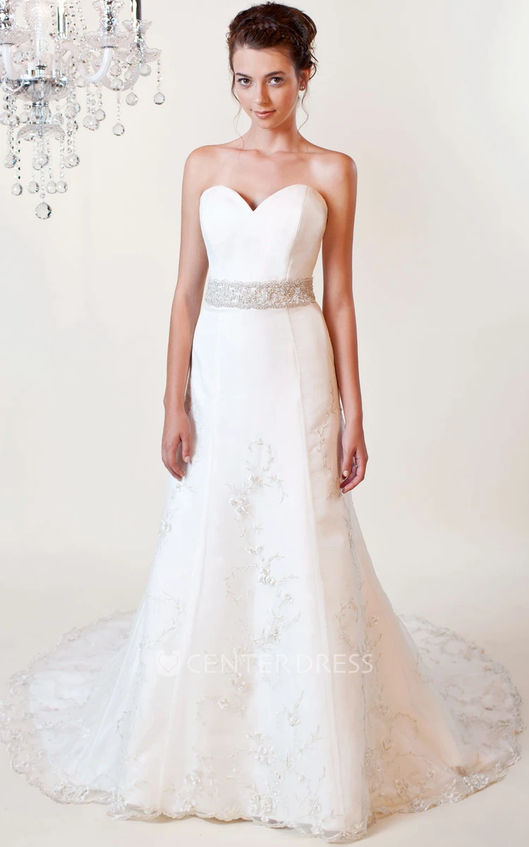 A-Line Appliqued Sweetheart Satin Wedding Dress With Waist Jewellery