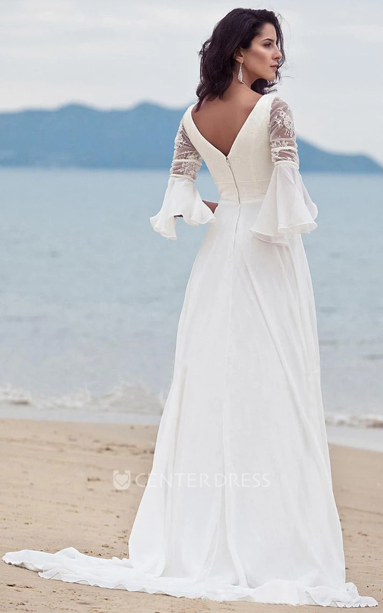 Casual V-neck Chiffon Lace Floor-length Half Sleeve A Line Wedding Dress