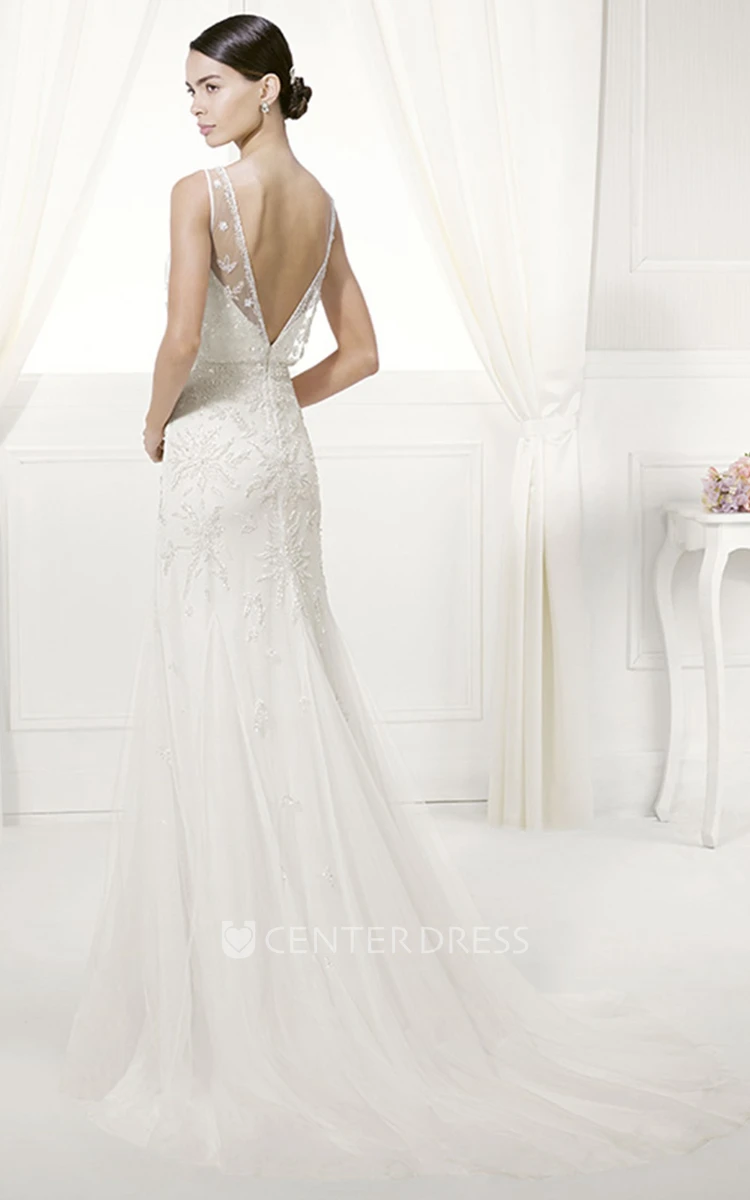 Jewel Neck V Back Sheath Tulle Wedding Gown With Appliques