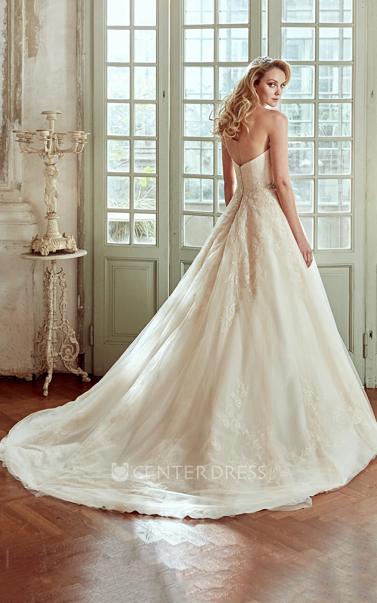 Sweetheart A-Line Gown With Beaded Belt And Pleated Bodice