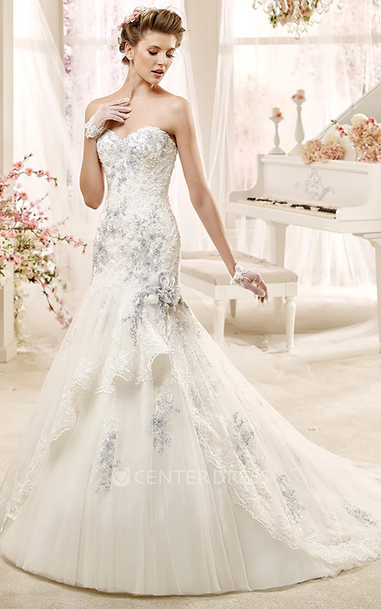 Special Sweetheart Beaded Wedding Dress with Flowers and Asymmetrical Overlayer